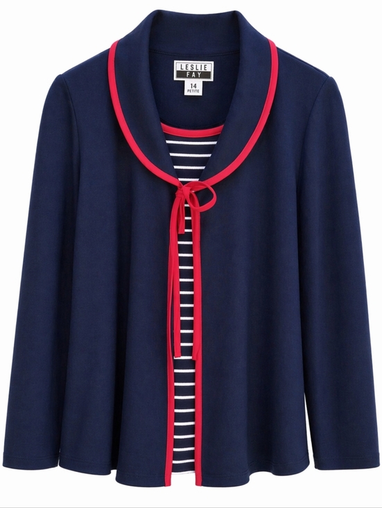 Leslie Fay Sweaters - Leslie Fay 2PC Cardigan Set NWT Sz 14P Navy Red Trim Petite Classic Preppy Chic